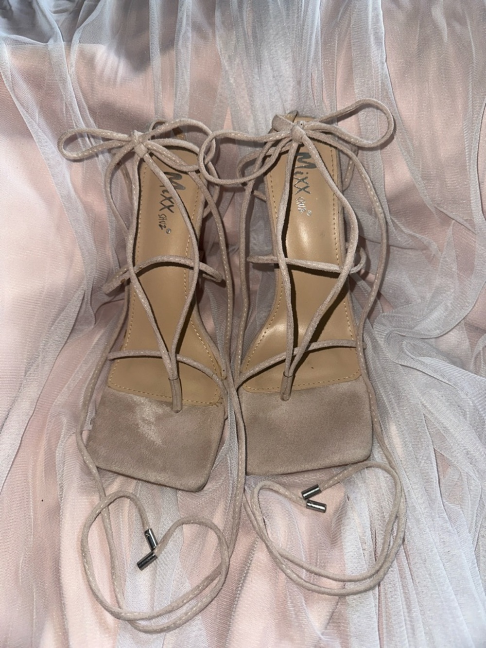 Mixx Shuz Women's Lace-Up Suede Heels in Light Taupe